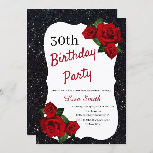 Any Age Birthday Black Glitter Red Roses Invitation