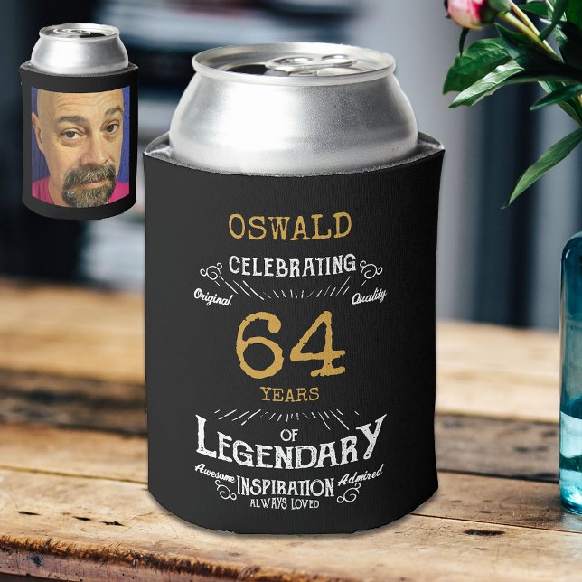 Any Age Birthday Black Gold Legendary Photo Can Cooler (Personalized vintage black and gold can cooler with photo on rear.)