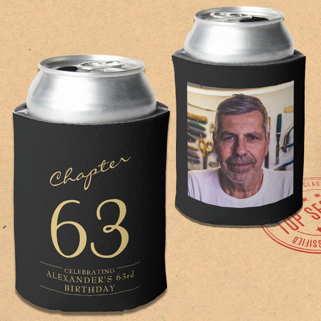 Any Age Birthday Black Gold Photo Can Cooler (Black and gold birthday can coolers with text on front and photo on rear.)