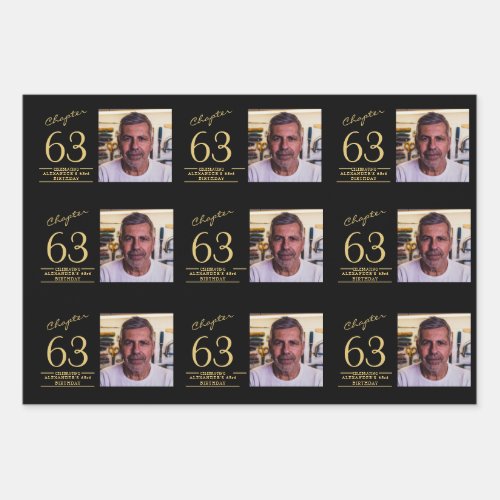 Any Age Birthday Black Gold Photo Wrapping Paper Sheets