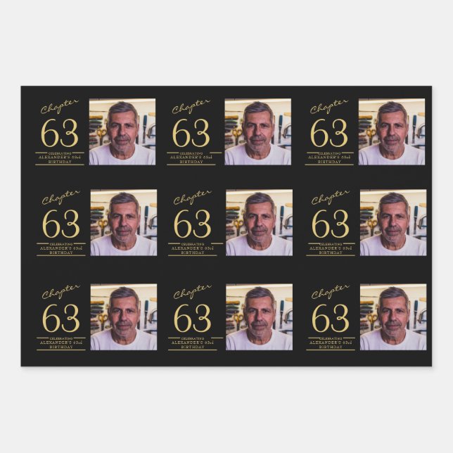 Any Age Birthday Black Gold Photo Wrapping Paper Sheets (Front)