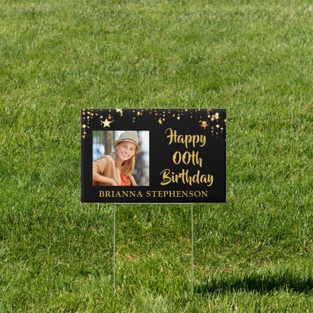 Any Age Birthday Black Gold Stars Photo Name Sign (Insitu)