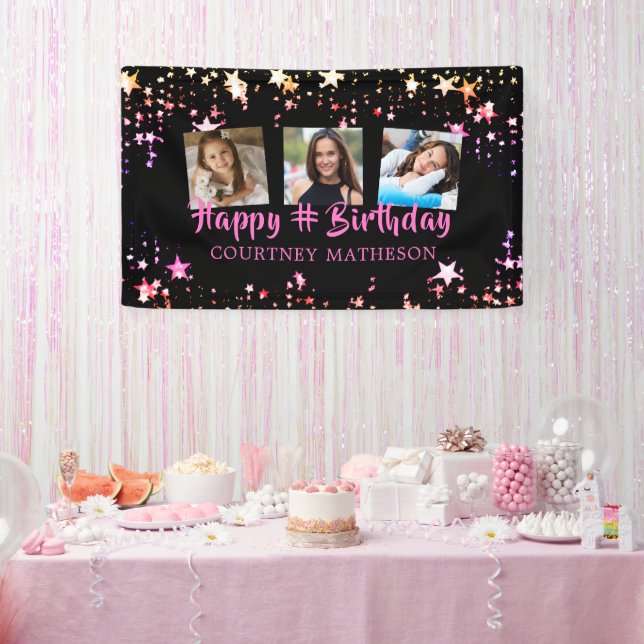 Any Age Birthday Black Pink Stars Photo Name Banner (Party)