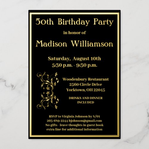 Any Age Birthday Black REAL Gold    Foil Invitation