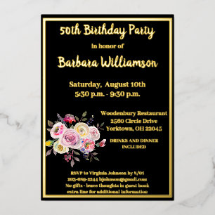 Any Age Birthday Black REAL Gold   Foil Invitation