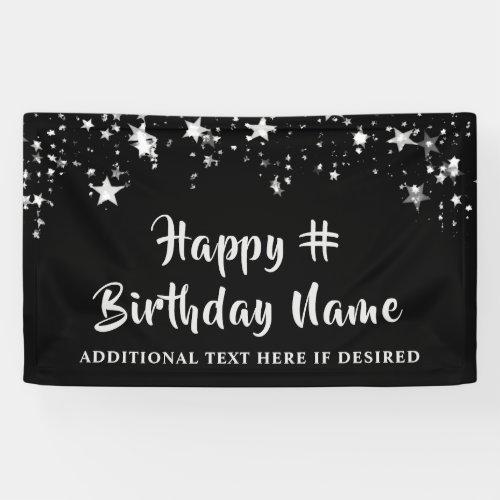 Any Age Birthday Black Silver Stars Brush Script Banner