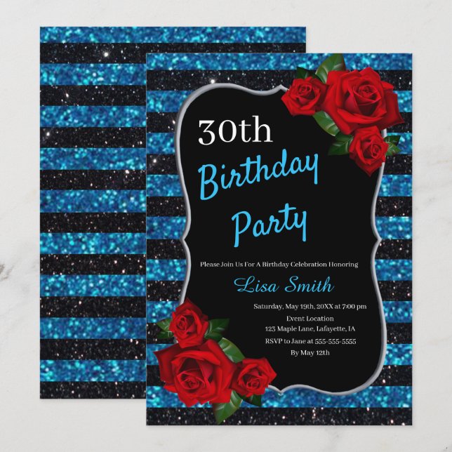 Any Age Birthday Blue And Black Glitter Red Roses Invitation (Front/Back)