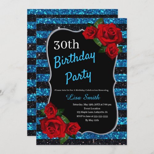 Any Age Birthday Blue And Black Glitter Red Roses Invitation