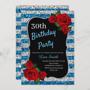 Any Age Birthday Blue And Silver Glitter Red Roses Invitation