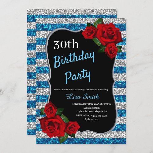 Any Age Birthday Blue And Silver Glitter Red Roses Invitation