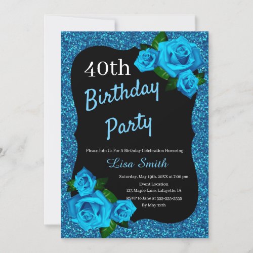 Any Age Birthday Blue Glitter Blue Roses Invitation