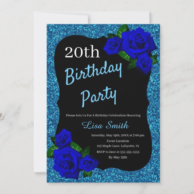 Any Age Birthday Blue Glitter Deep Blue Roses Invitation (Front)