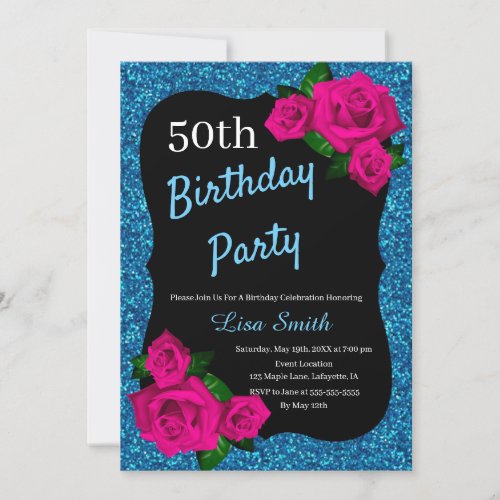 Any Age Birthday Blue Glitter Pink Roses Invitation