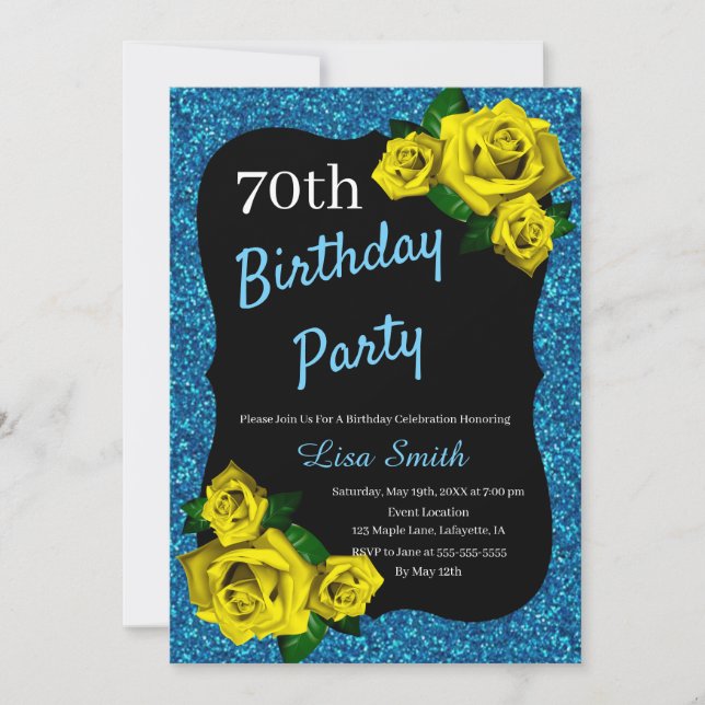 Any Age Birthday Blue Glitter Yellow Roses Invitation (Front)