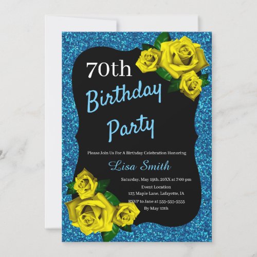 Any Age Birthday Blue Glitter Yellow Roses Invitation