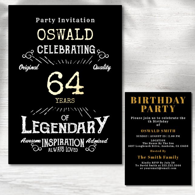 Any Age Birthday Born Legendary Black Gold Retro Foil Invitation (Gold foil birthday invitation with black background and white typography.)