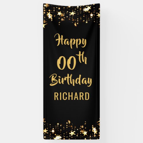 ANY AGE Birthday Brush Scrip Black Gold Stars Door Banner