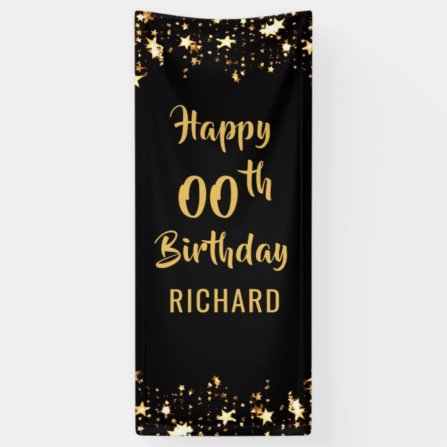 ANY AGE Birthday Brush Scrip Black Gold Stars Door Banner (Vertical)