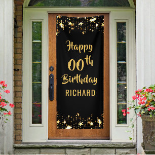 ANY AGE Birthday Brush Scrip Black Gold Stars Door Banner