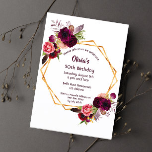 Any age birthday burgundy florals gold geometric invitation