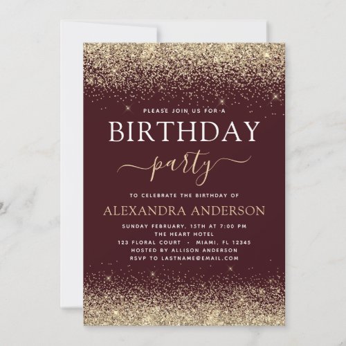 Any Age Birthday Burgundy Gold Glitter Modern Invitation