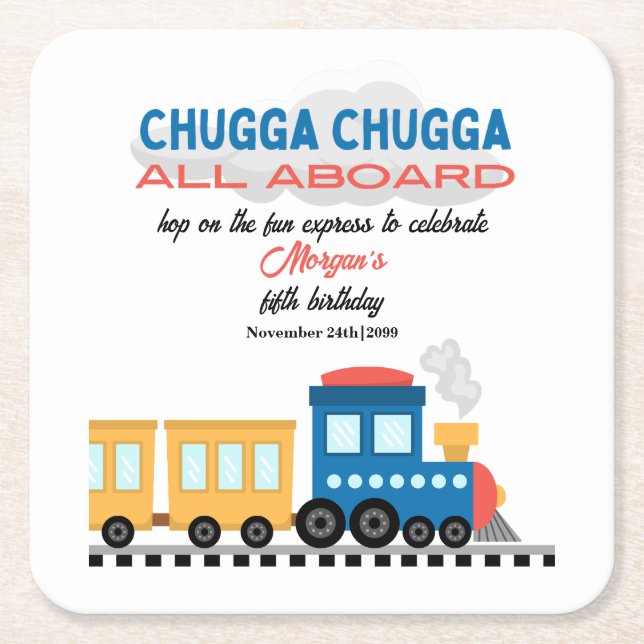 Any Age Birthday Colorful Cartoon Train  Square Paper Coaster (Front)