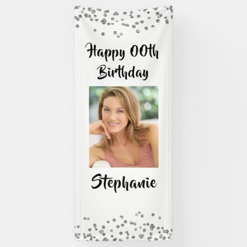 ANY AGE Birthday Confetti Script Photo Door Banner - Celebrate any age birthday with this personalized photo banner with wishes for a HAPPY ##TH BIRTHDAY. Modern, chic design with a silver confetti border and black brush script text which can be changed to a different font style or color to coordinate with your party theme. The vertical arrangement  is ideal for hanging on your front door or to show where the party is. PHOTO TIP:  For fastest/best results, choose a photo with the subject in the middle and/or pre-crop it to a similar shape as shown BEFORE uploading and it will fill in the photo space provided perfectly. Contact the designer if you’d like this design modified, on another product or would like coordinating items to complete your party ensemble.