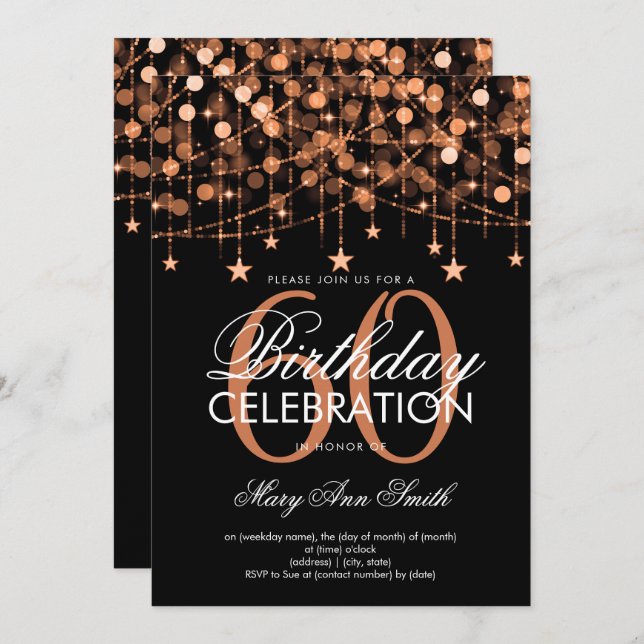 Any Age Birthday Copper String Lights & Stars Invitation (Front/Back)