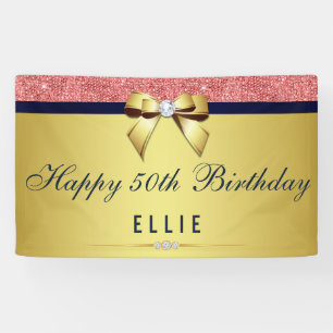 Any Age Birthday Coral Sequins Gold Diamond Bow Banner