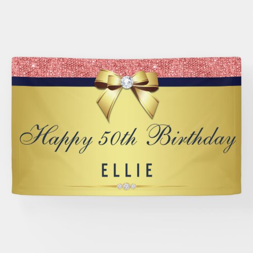 Any Age Birthday Coral Sequins Gold Diamond Bow Banner
