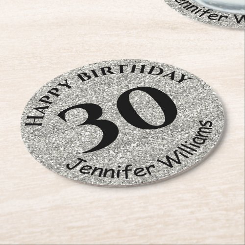 Any Age Birthday Custom Name Age Silver Glitter  Round Paper Coaster
