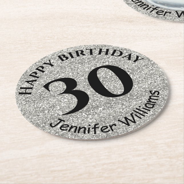 Any Age Birthday Custom Name Age Silver Glitter  Round Paper Coaster (Angled)