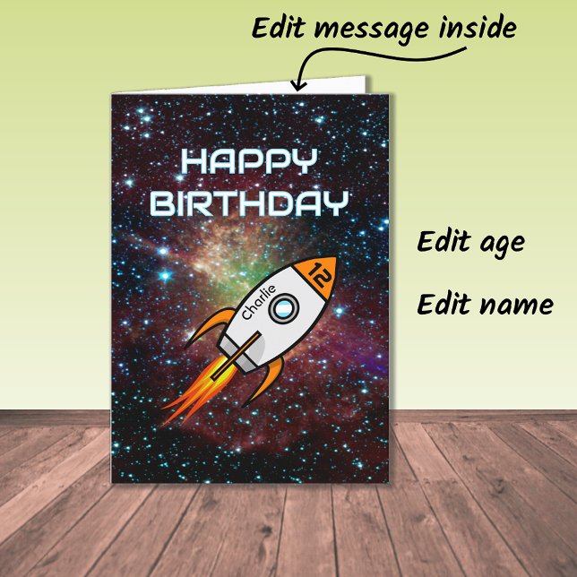 Any age birthday custom name orange rocket card (Creator Uploaded)