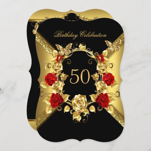 Any age Birthday Elegant Gold Red Roses Black 2 Invitation