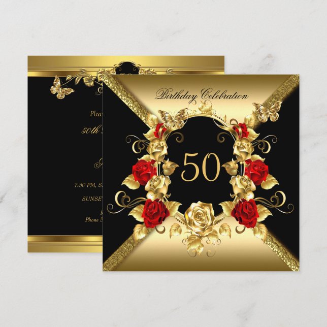 Any age Birthday Elegant Gold Red Roses Black Invitation (Front/Back)