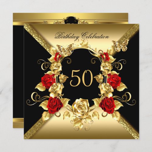 Any age Birthday Elegant Gold Red Roses Black Invitation