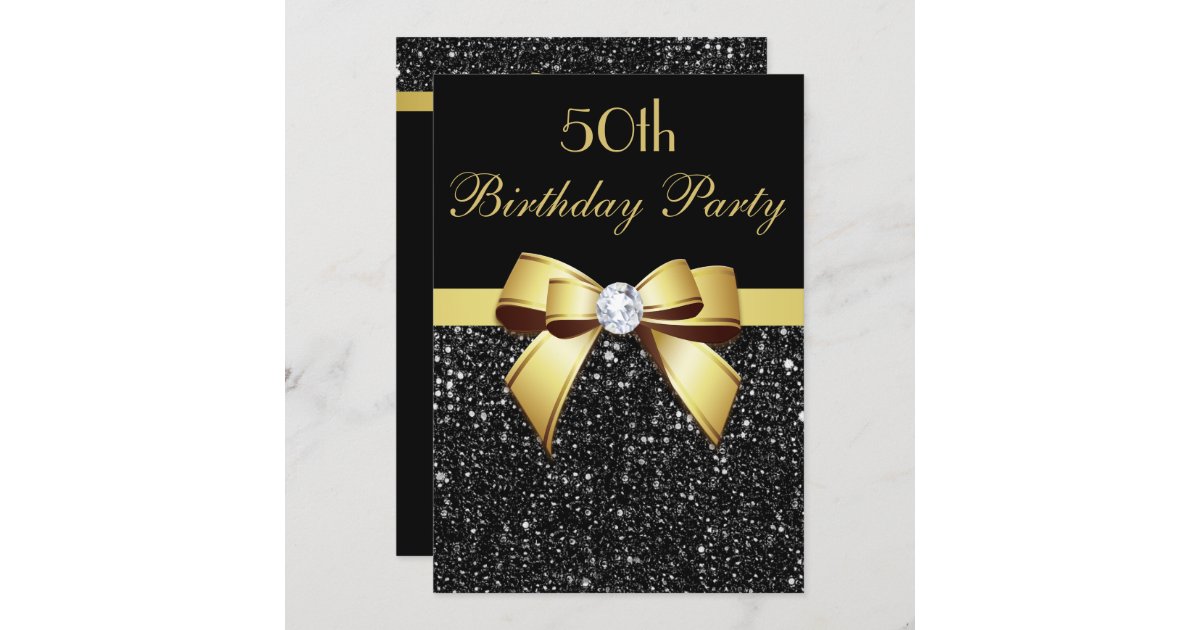 Any Age Birthday Faux Sequins Bow Black Gold Invitation | Zazzle