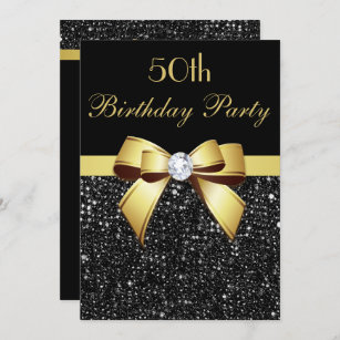 Any Age Birthday Faux Sequins Bow Black Gold Invitation