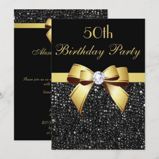 Any Age Birthday Faux Sequins Bow Black Gold Invitation
