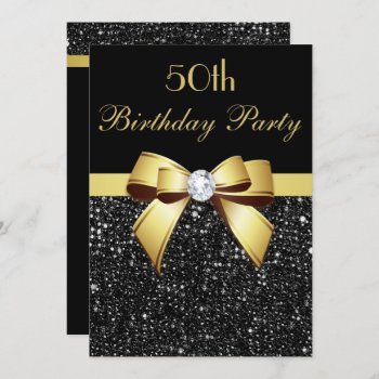 Any Age Birthday Faux Sequins Bow Black Gold Invitation by GroovyGraphics at Zazzle