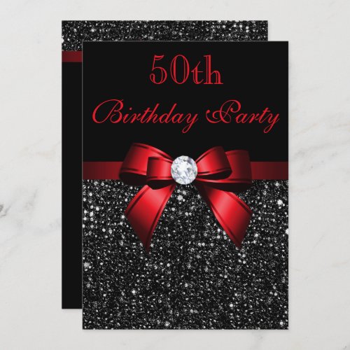 Any Age Birthday Faux Sequins Bow Black Red Invitation
