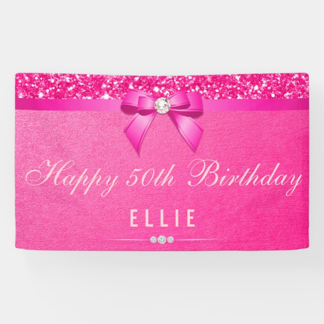 Any Age Birthday Fuchsia Diamond Bow Glitter Banner (Horizontal)