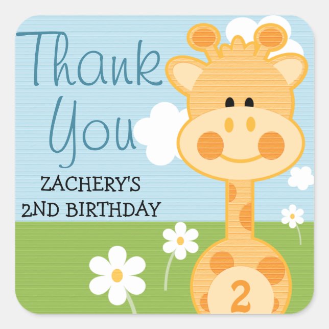 Any Age Birthday Giraffe Thank You Stickers (Front)