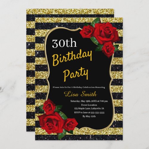 Any Age Birthday Gold And Black Glitter Red Roses Invitation