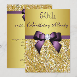 Any Age Birthday Gold Faux Sequins Purple Bow Invitation