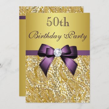 Any Age Birthday Gold Faux Sequins Purple Bow Invitation by GroovyGraphics at Zazzle
