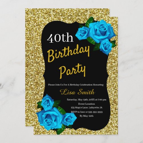 Any Age Birthday Gold Glitter Blue Roses Invitation