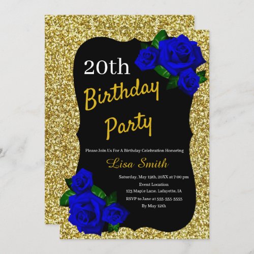 Any Age Birthday Gold Glitter Deep Blue Roses Invitation