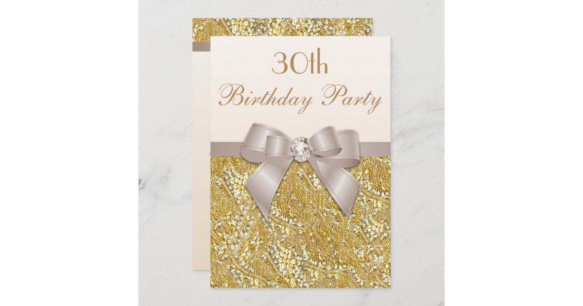 Any Age Birthday Gold Glitter Diamond Bow Invitation | Zazzle