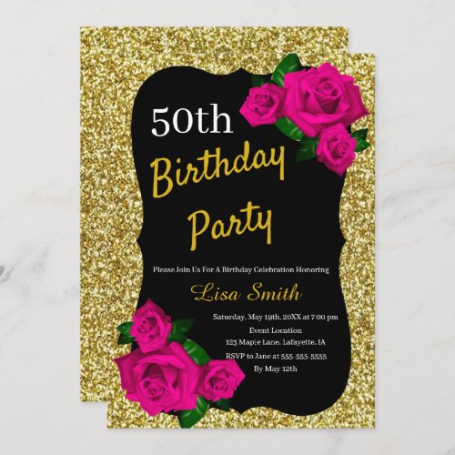 Any Age Birthday Gold Glitter Pink Roses Invitation